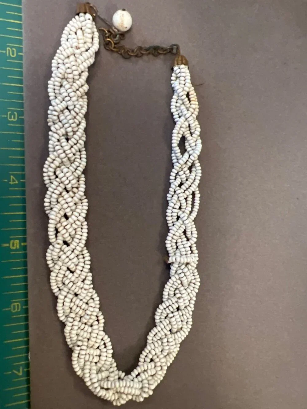 Vintage White Beaded Necklace With Brass-Tone Chain & Bead Accent Pendant READ